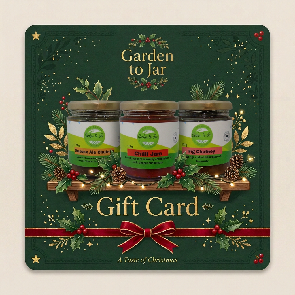 Christmas gift card design featuring real Garden to Jar product jars